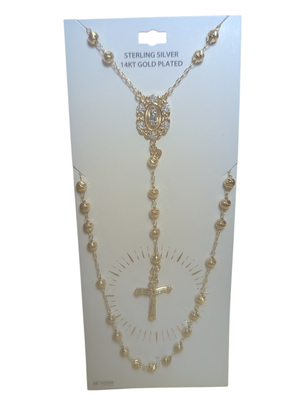 14kt Gold Plated Sterling Silver Rosary Necklace Beading Cross
